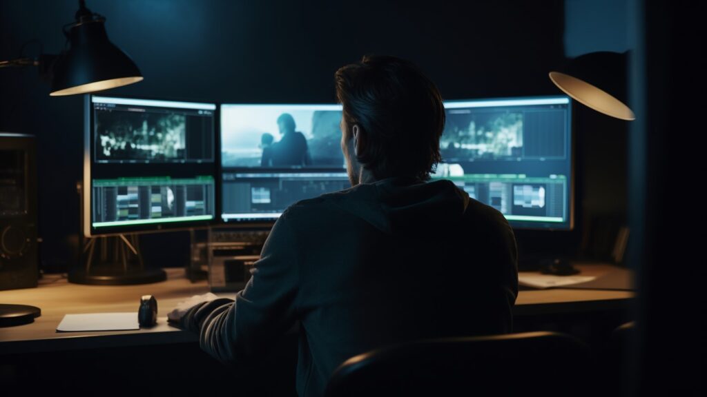 A man in the center of the picture behind the camera and editing video on his desk in a dark room.