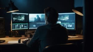 A man in the center of the picture behind the camera and editing video on his desk in a dark room.